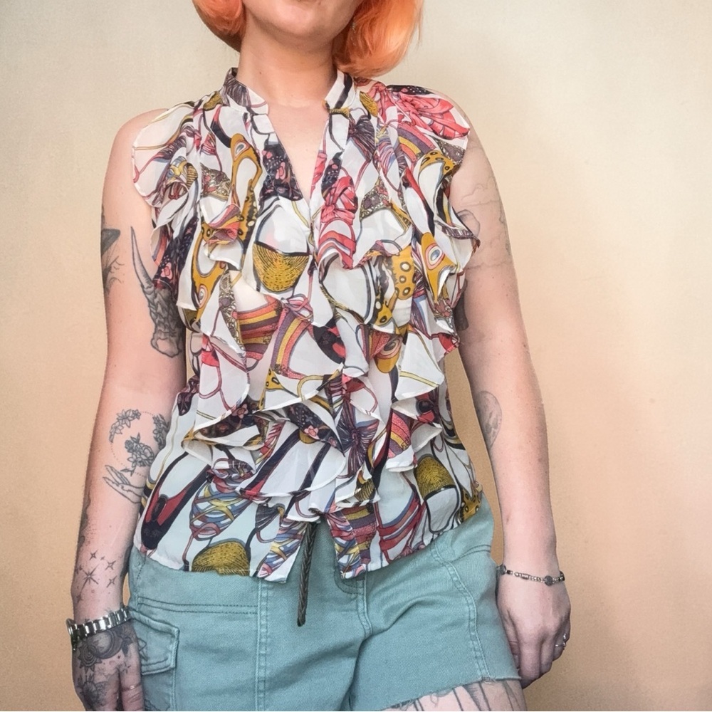 Vintage Cache Y2K Ruffled Sleeveless Colorful Shoe Printed Button Up Blouse Sz M